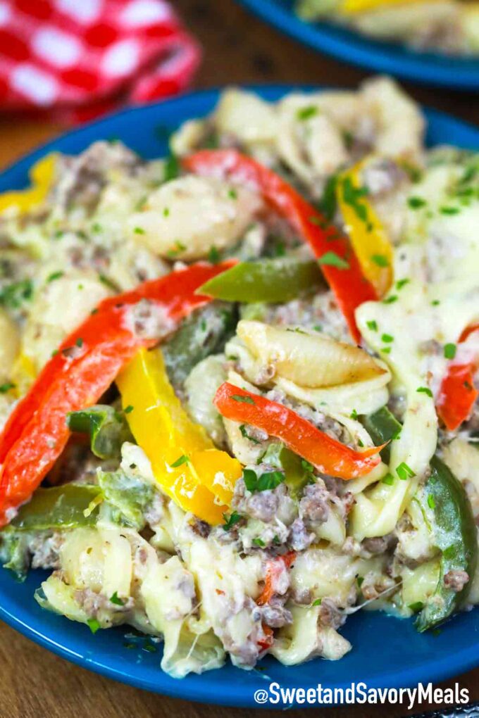 Philly cheesesteak casserole serving in a dish