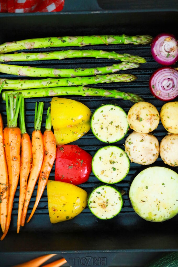 Vegetables arranged on a grill pan.