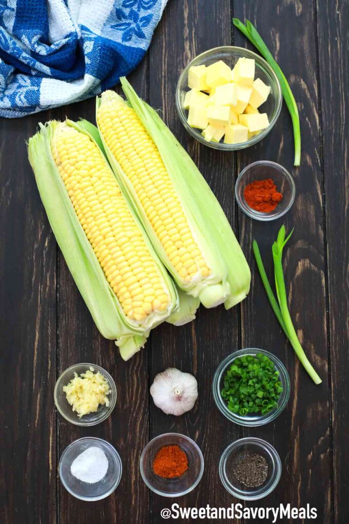 grilled corn ingredients on a wooden table