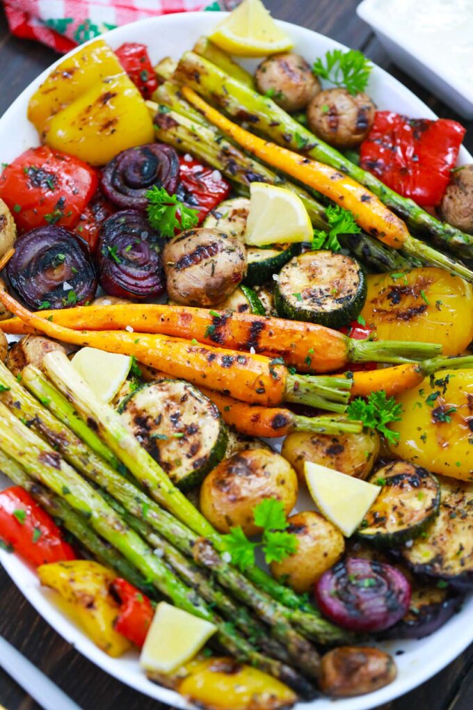Overhead shot of a platter of grilled vegetables.