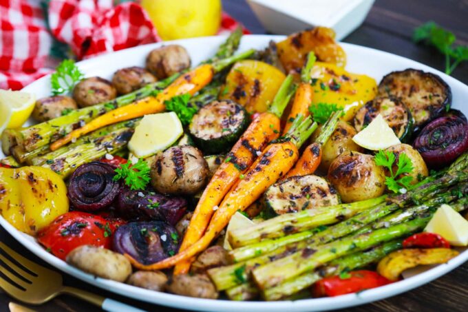 A plate of grilled vegetables.