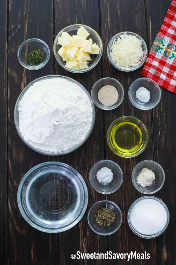 homemade breadsticks ingredients on a wooden table