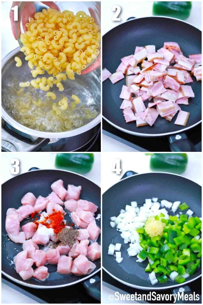 photo collage of steps how to cook pasta bacon and veggies for chicken casserole recipe