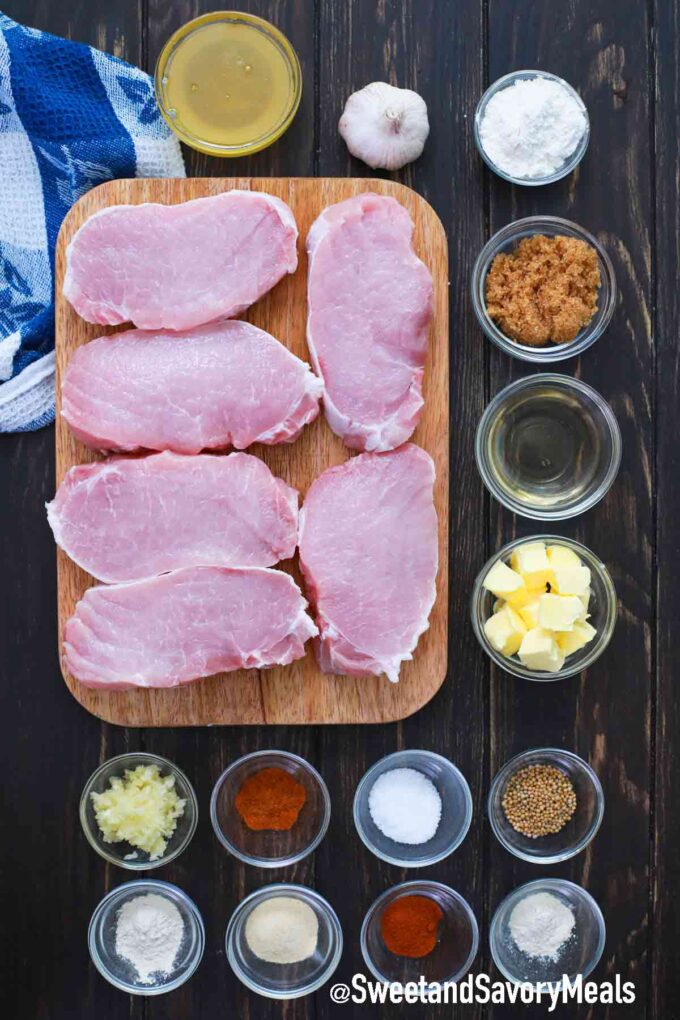 instant pot honey garlic pork chops ingredients on a wooden table