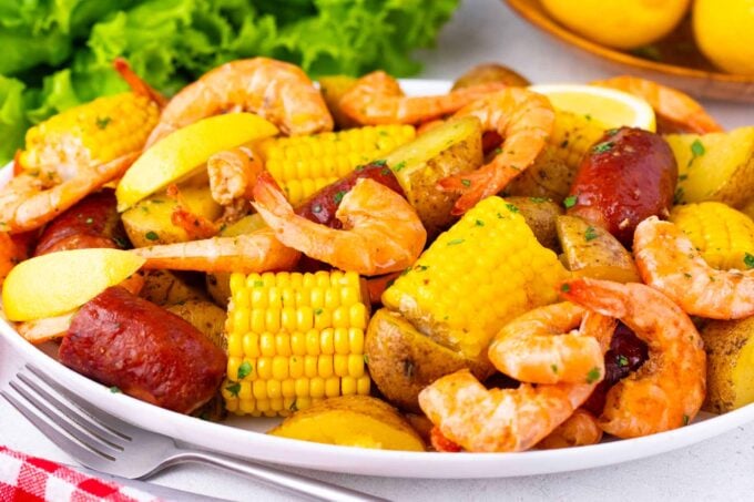 A serving plate of instant pot shrimp boil.