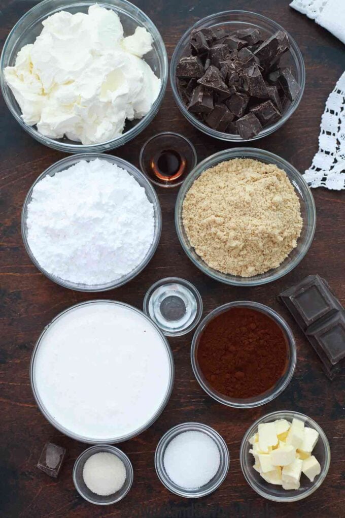 no bake chocolate cheesecake ingredients on a wooden table