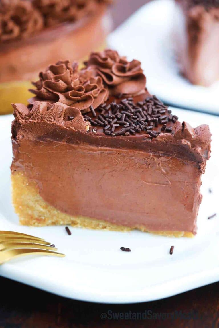 slice of no bake chocolate cheesecake on a white plate