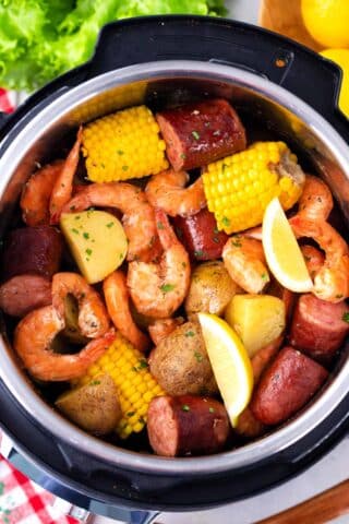Overhead shot of instant pot shrimp boil.