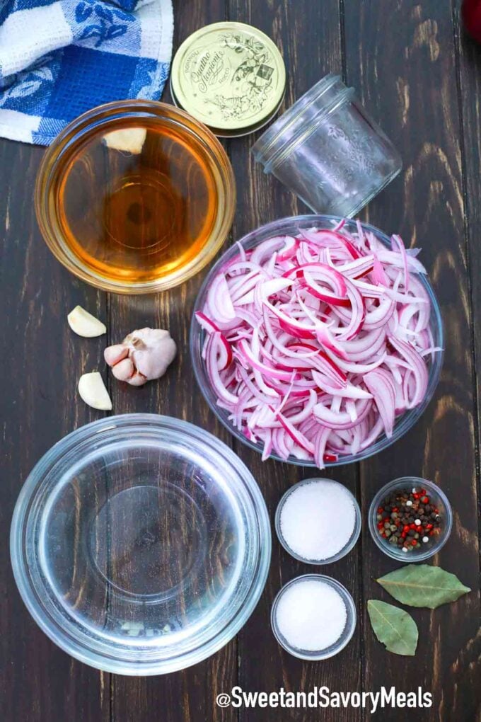 pickled red onions ingredients on a wooden table