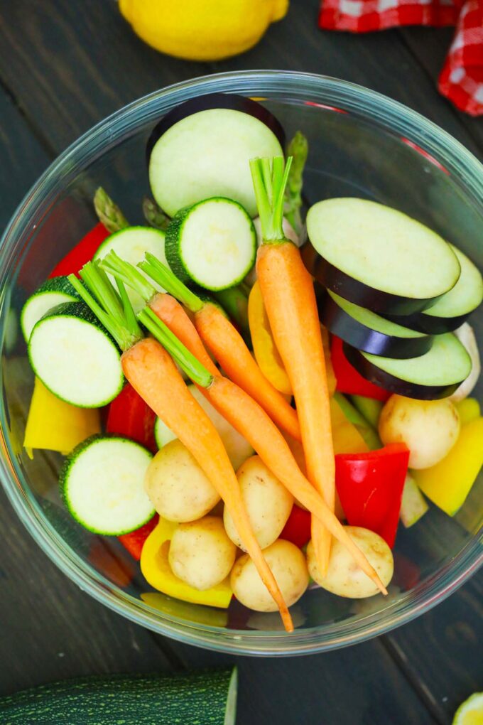 Chopped veggies in a bowl.