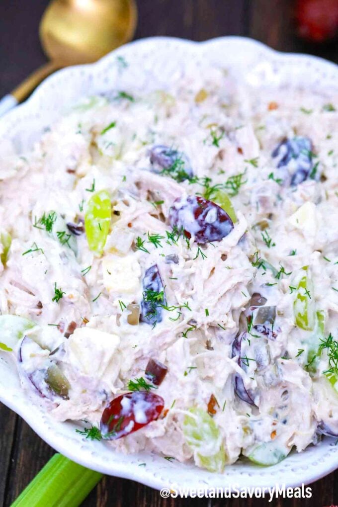 chicken salad in a large white bowl