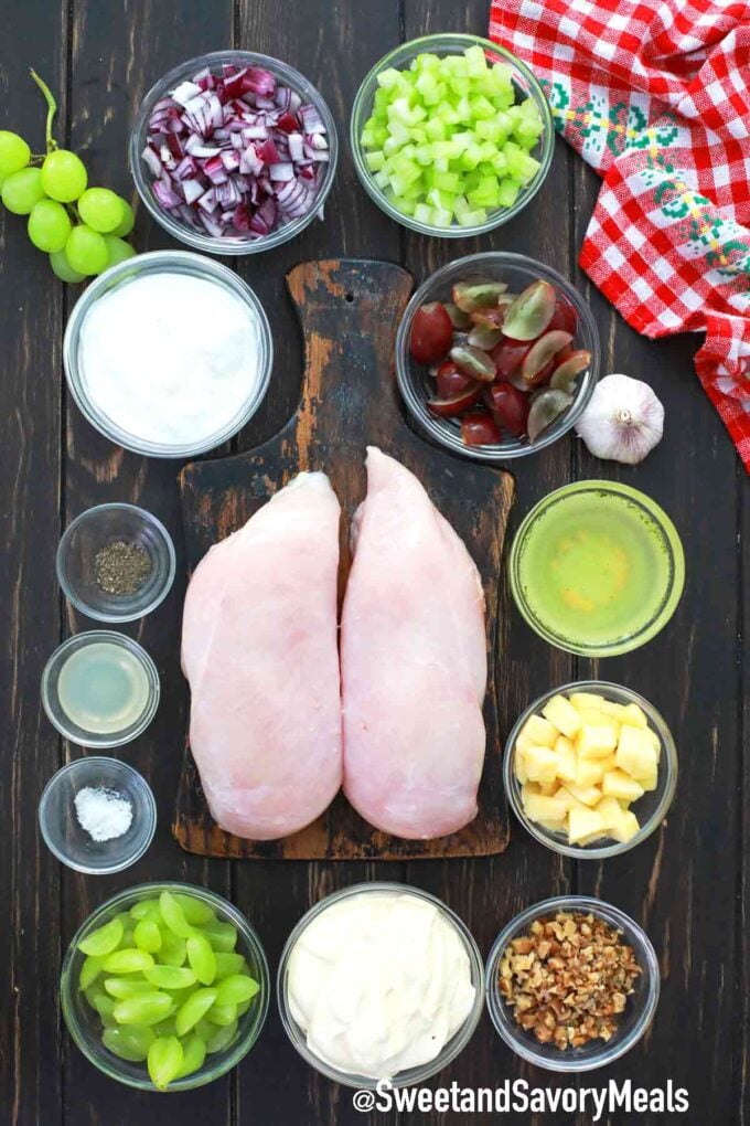 slow cooker chicken salad ingredients on a wooden table
