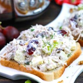 crockpot chicken salad open faced sandwich