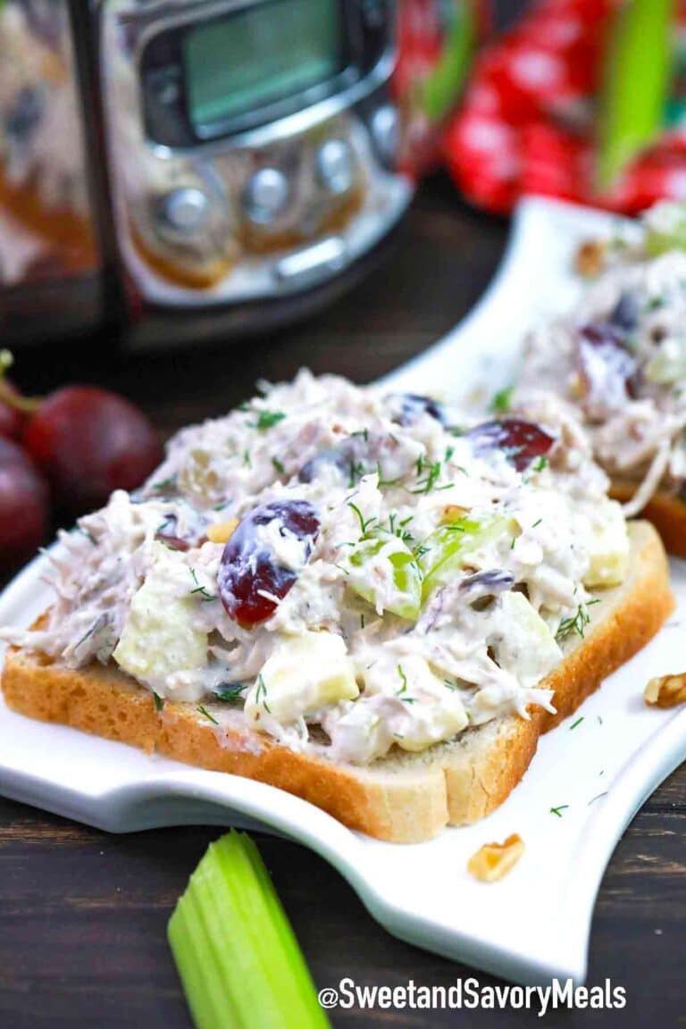 crockpot chicken salad open faced sandwich