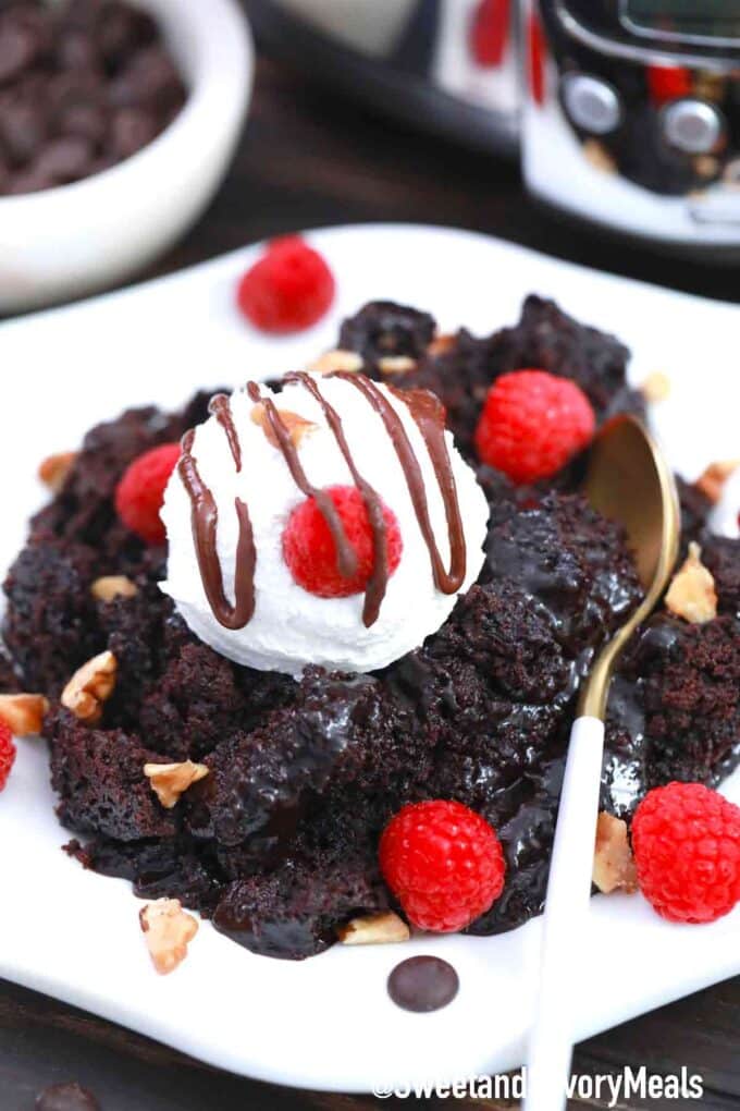 fudgy chocolate cake with ice cream and raspberries