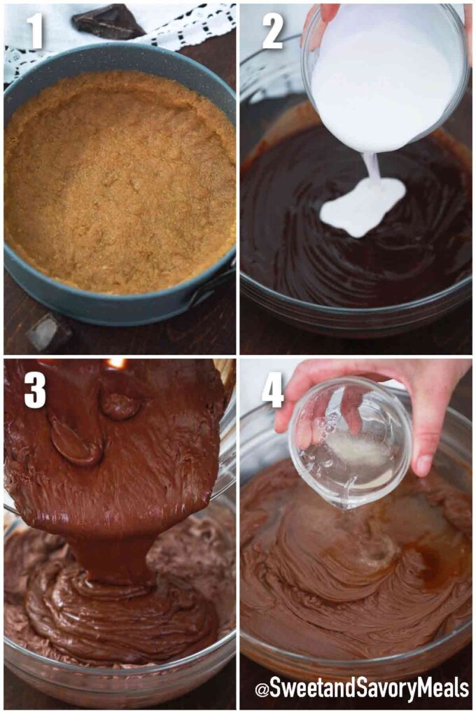 steps how to make no bake slice of no bake chocolate cheesecake