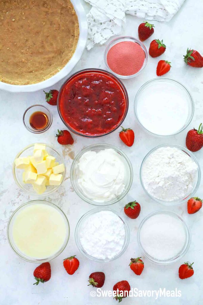 strawberry shortcake pie ingredients in bowls on a table