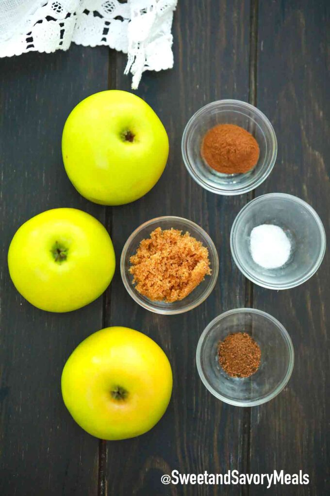 air fryer apple chips ingredients in individual bowls on a table