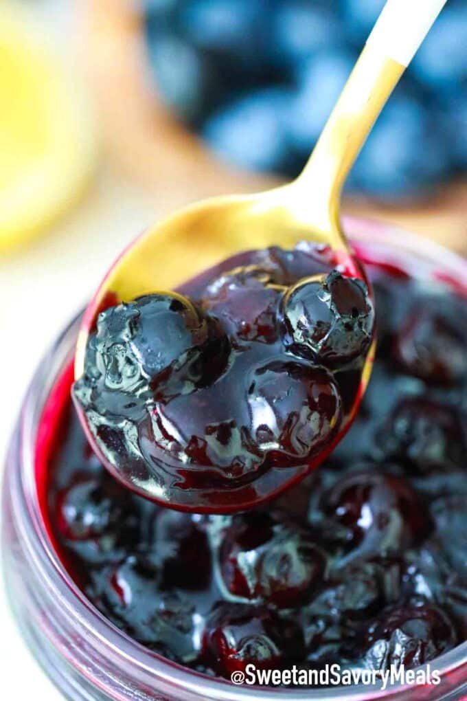 blueberry pie filling on a spoon