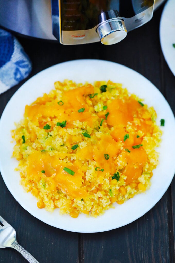Overhead shot of cheesy instant pot corn casserole.