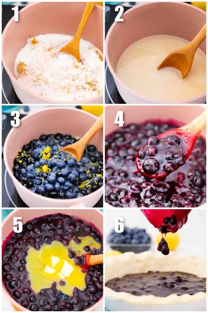 a collage of 6 photos showing how to make blueberry pie filling