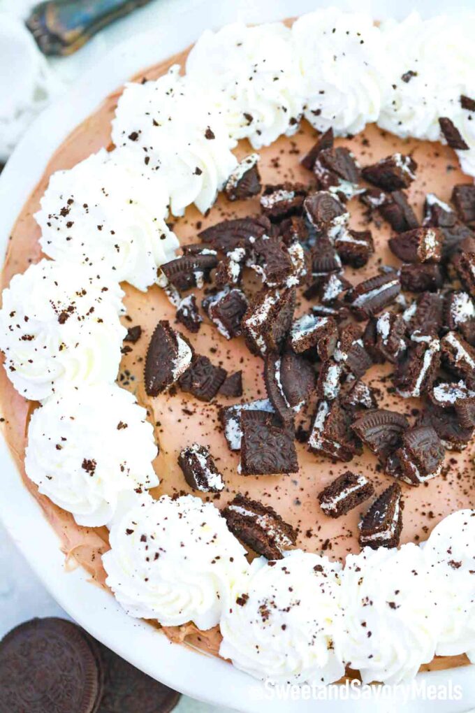 no bake Oreo Pie on with whipped cream and crushed Oreos