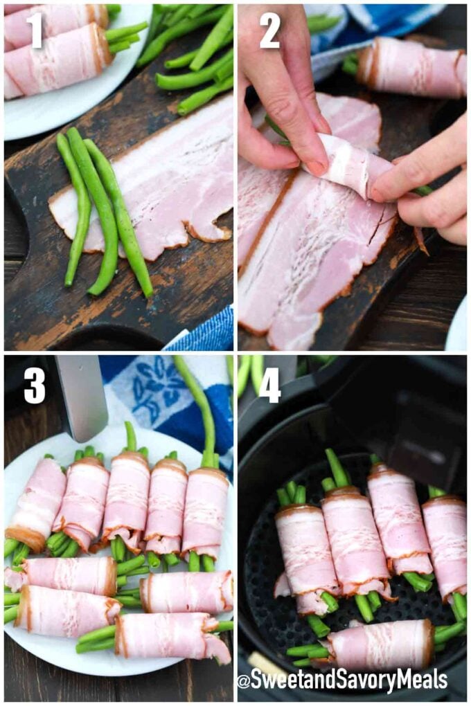photo collage of steps how to make air fried bacon wrapped green beans