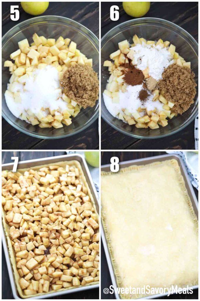 collage of four photos showing how to make apple filling for apple slab pie