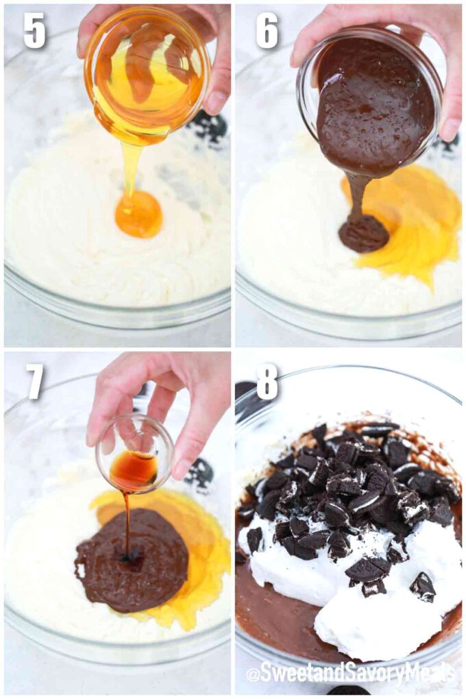 photo collage of steps how to make no bake Oreo Pie filling