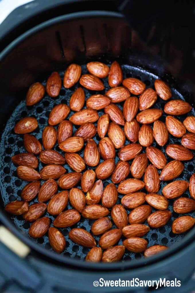 air fried almonds in the air fryer basket