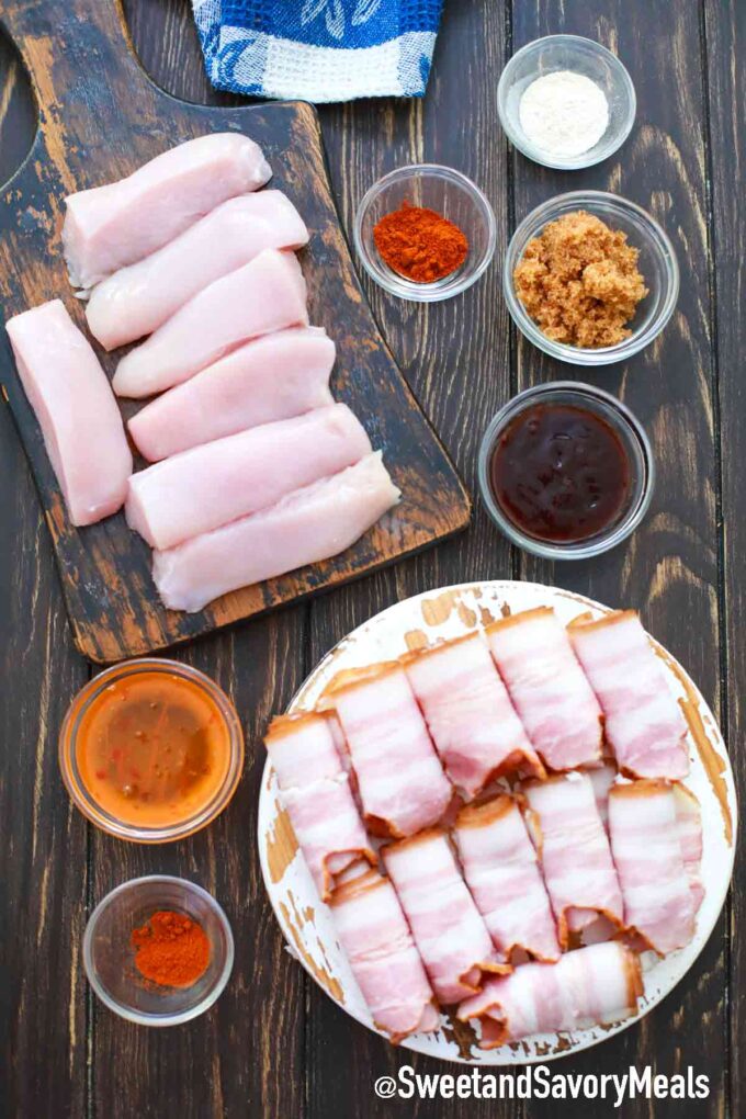 air fryer bacon wrapped chicken tenders ingredients on a table