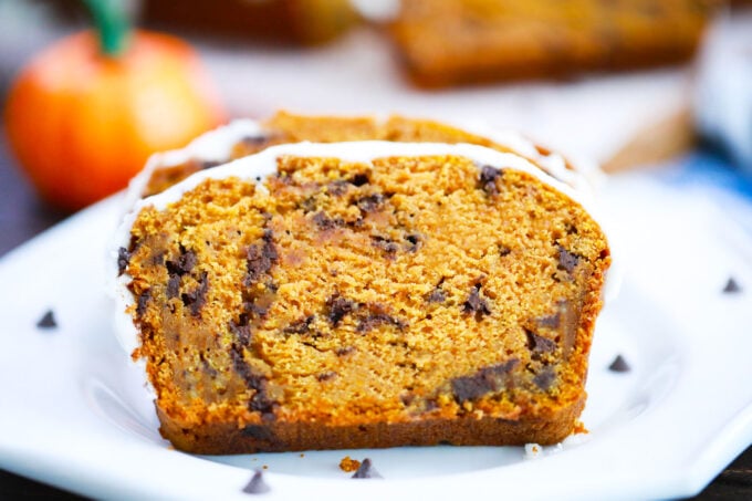 Homemade chocolate chip pumpkin bread with maple glaze.