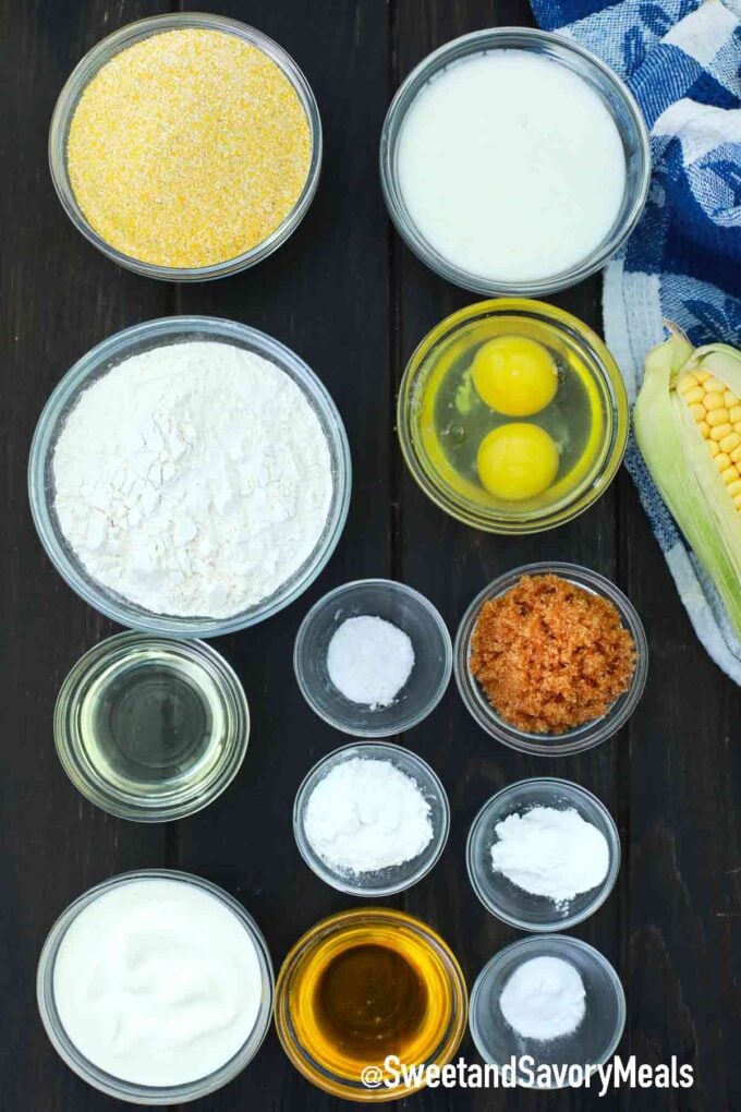 instant pot corn muffins ingredients in individual bowls on a table