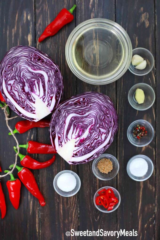 pickled red cabbage ingredients in individual bowls on a table