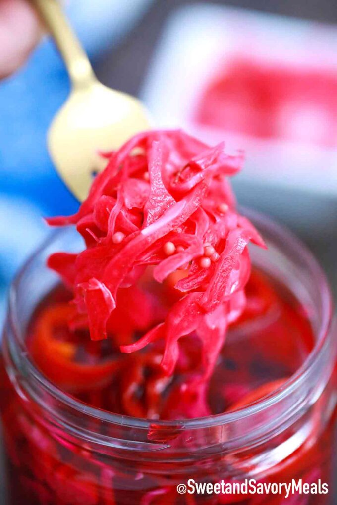 forkful of pickled red cabbage