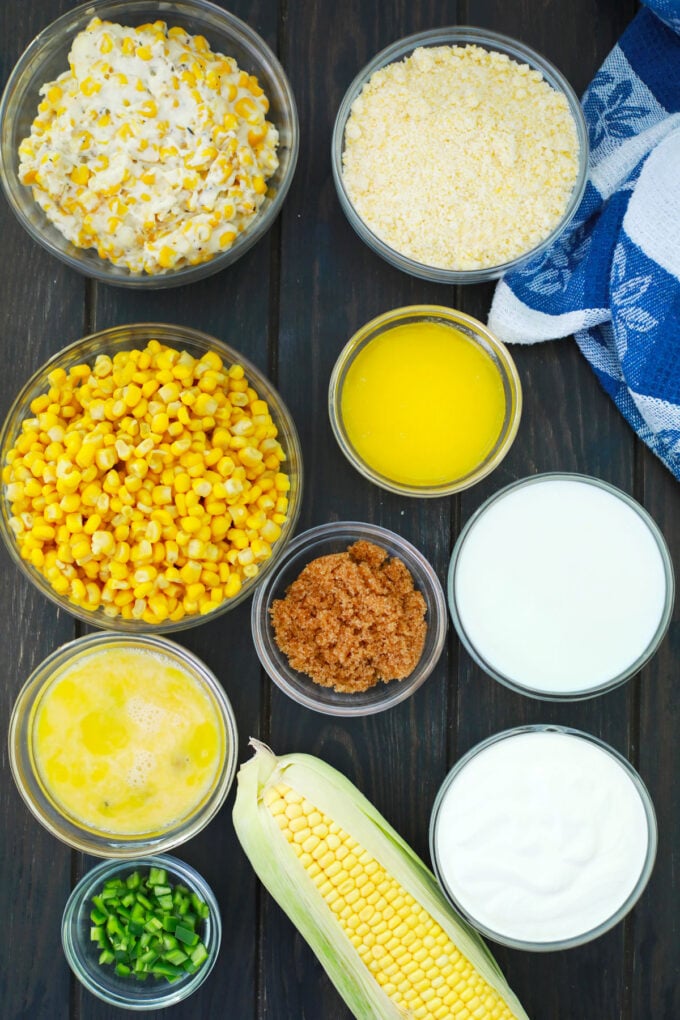 Creamy slow cooker corn casserole recipe ingredients.