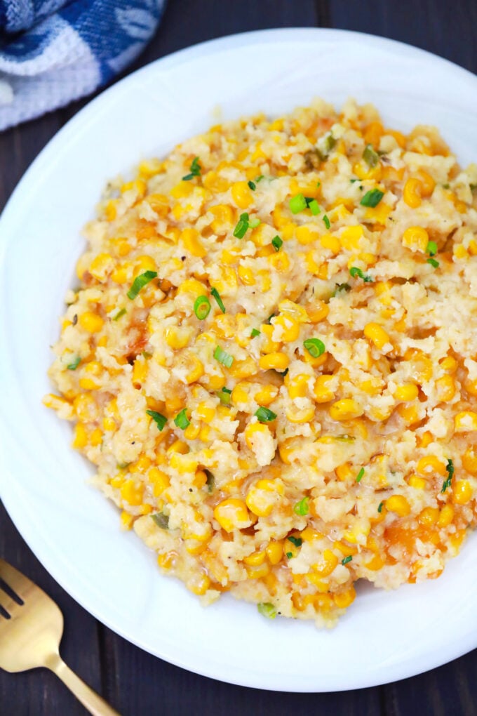 Overhead shot of creamy slow cooker corn casserole.