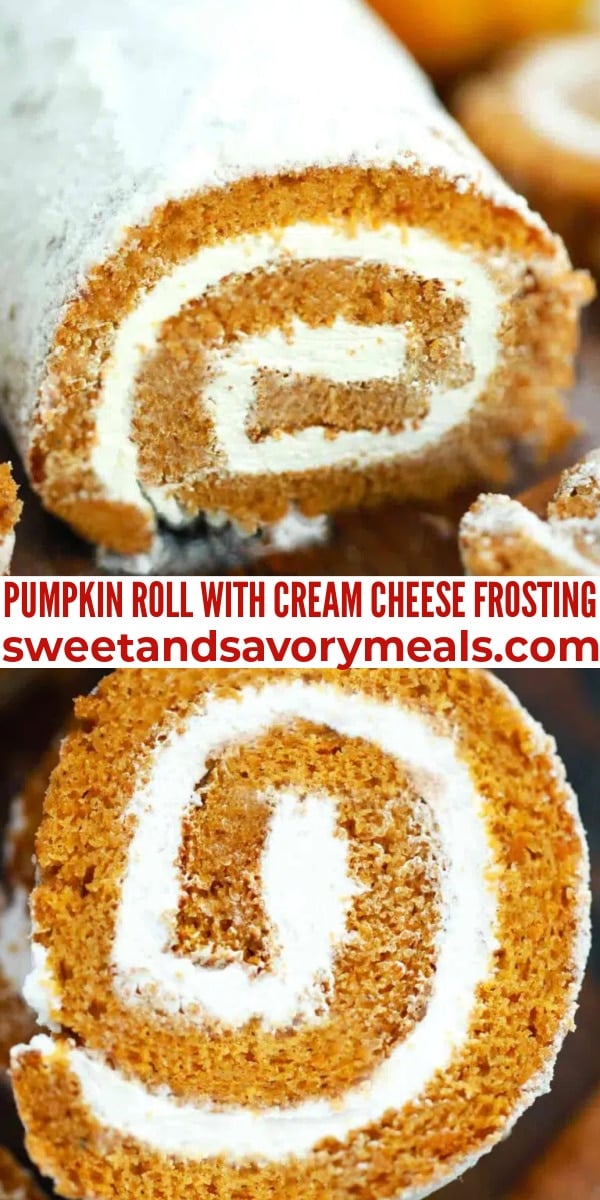 easy pumpkin roll with cream cheese frosting pin