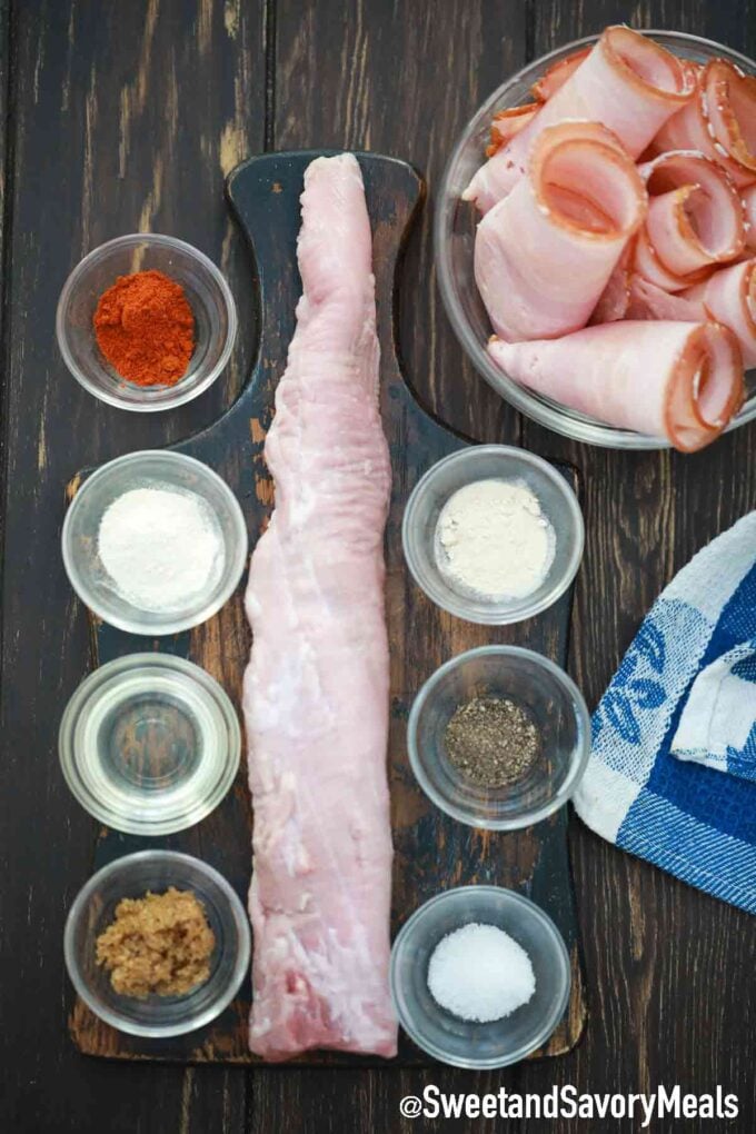 air fryer bacon wrapped pork tenderloin ingredients on a table