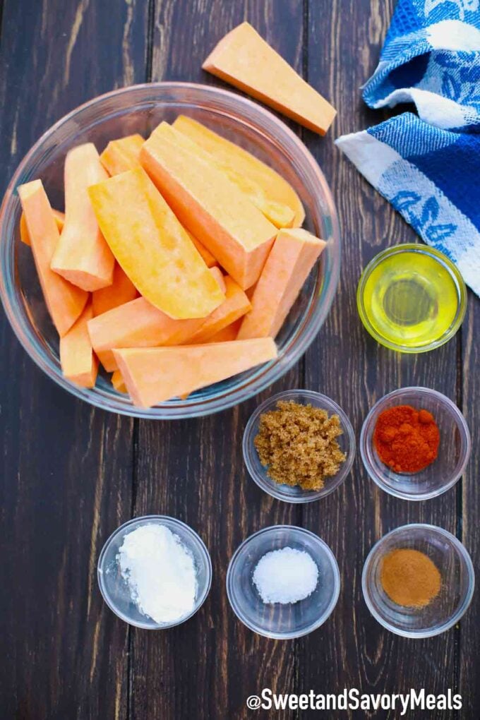 air fryer sweet potato wedges ingredients on a table
