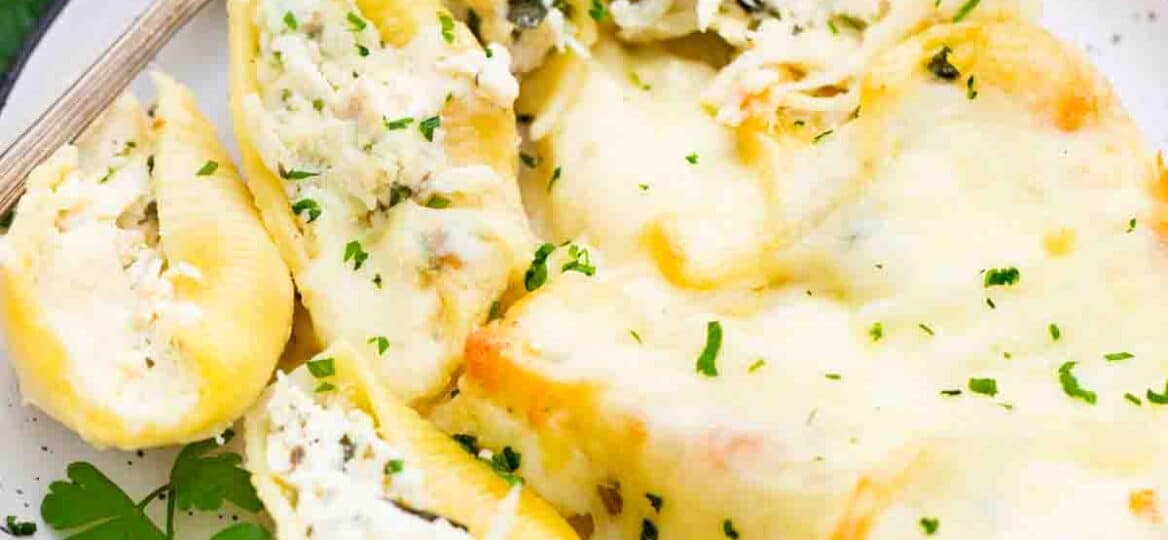 chicken alfredo stuffed shells on a serving plate