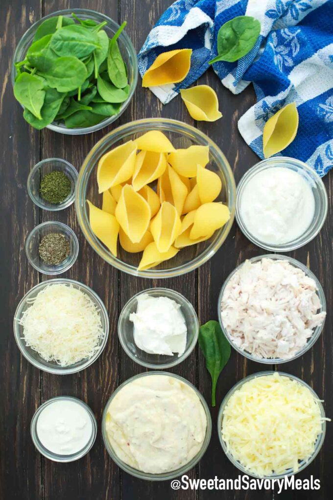 chicken Alfredo shells ingredients on a table