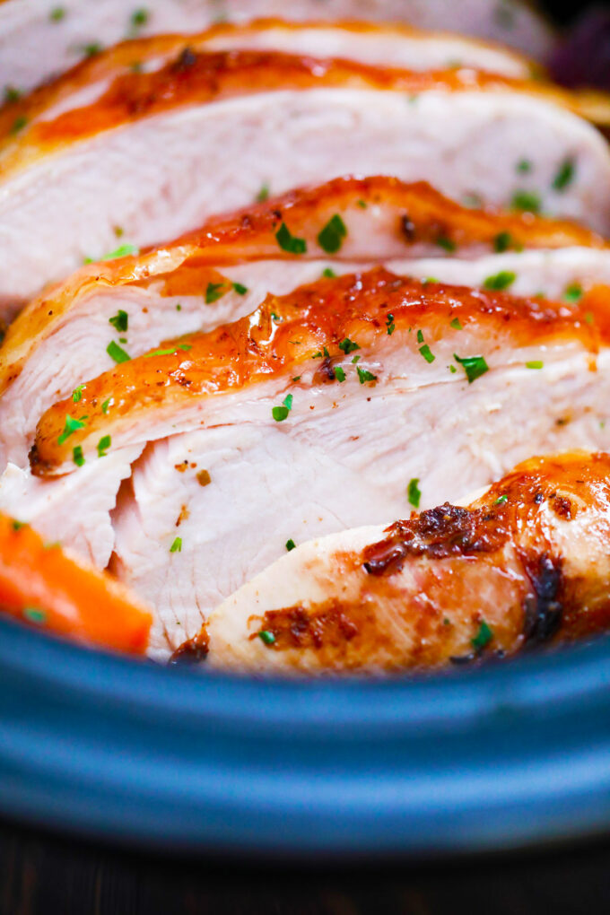 Slow cooker turkey breast with a glazed crispy skin.