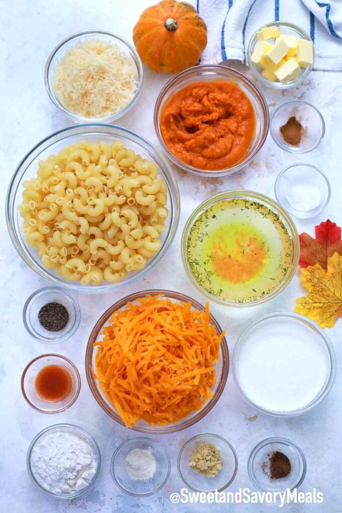 pumpkin Mac and cheese ingredients on a table
