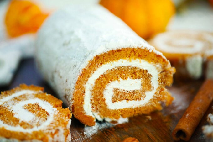 Homemade pumpkin roll with cream cheese frosting.