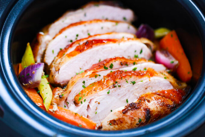 Turkey breast with veggies in the slow cooker.