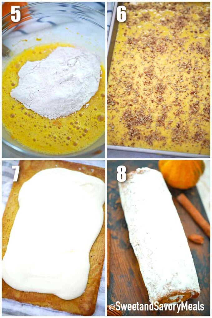 steps how to make pumpkin roll with cream cheese frosting