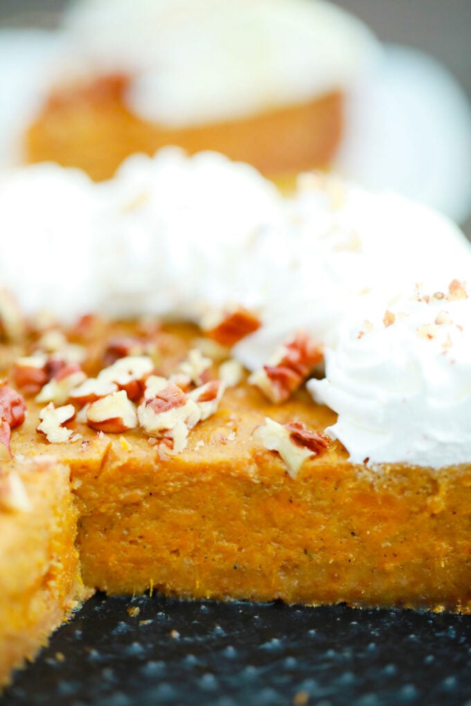 Sliced homemade instant pot sweet potato pie.