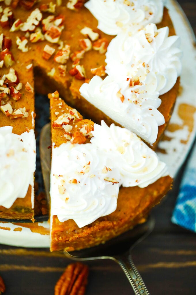 Slicing homemade instant pot sweet potato pie.