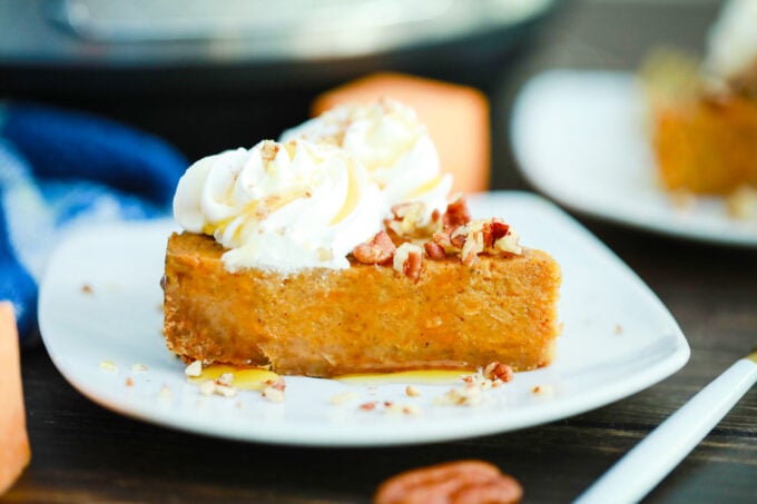 A slice of homemade instant pot sweet potato pie.